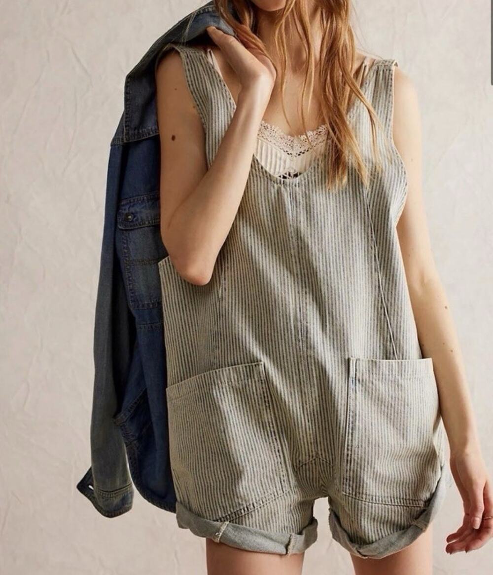 Free People Overalls L green High Roller Y2K Shortall Pockets Romper A011105